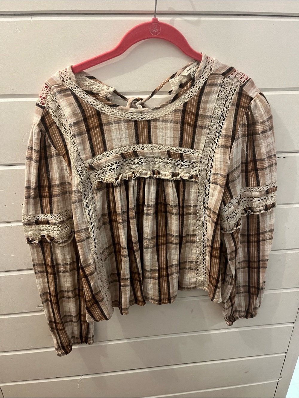 American Eagle High Neck Babydoll Top Boho Cottagecore Blouse Plaid Brown Sz M